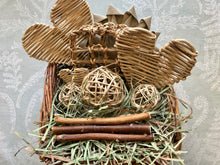 Load image into Gallery viewer, willow basket full of safe healthy chinchilla chew toys and hay