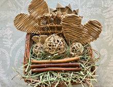 Load image into Gallery viewer, willow basket full of safe healthy chinchilla chew toys and hay 
